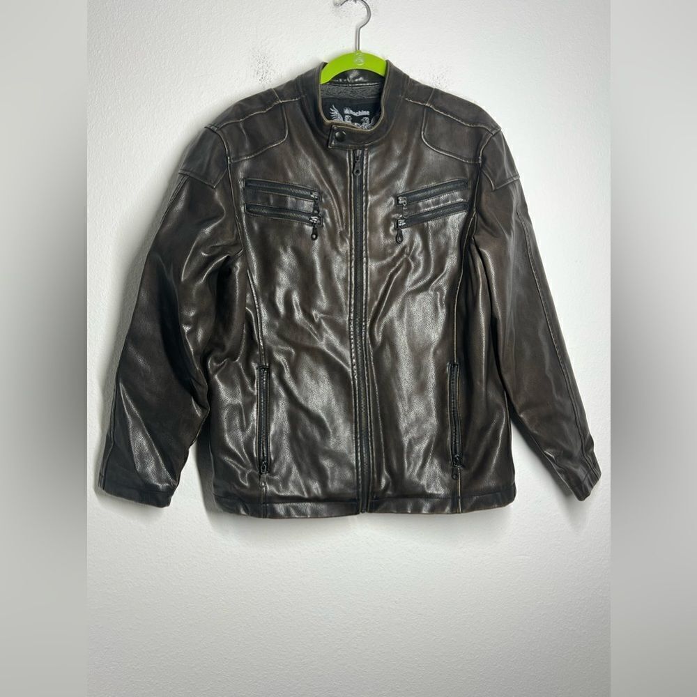 Machine Brand Motorcycle Jacket Mens  Dark Brown Faux Leather Polyvinyl Sz M